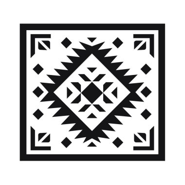 Aztek esinlenilmiş, üçgen, kare ve doğrusal şekilli geometrik deseni içeren koyu siyah ve beyaz bir grafik çizimi.