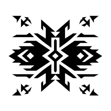 Karmaşık bir siyah tasarım beyaz arka planda Güneybatı Amerikan sanatını anımsatan simetrik, geometrik bir desen içerir..
