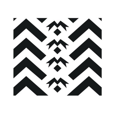 Siyah oklar ve geometrik şekillerin tekerrür eden deseni beyaz bir arkaplan karşısında gösterilir ve simetrik bir tasarım oluşturulur..