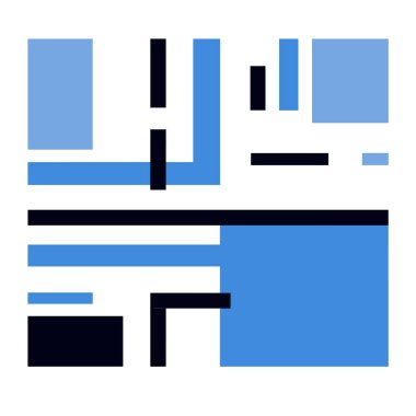 Beyaz üzerine mavi ve siyah şekilli soyut geometrik bileşim