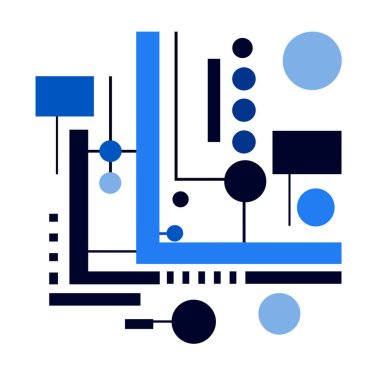 Geometrik bileşim beyaz üzerinde mavi, çizgi ve şekiller içerir