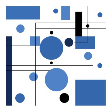 Çemberler, dikdörtgenler ve çizgilerle soyut geometrik bileşim