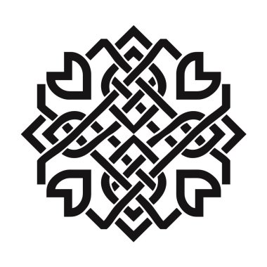 Siyah ve beyazda soyut geometrik düğüm tasarımı simetrik desen oluşturur