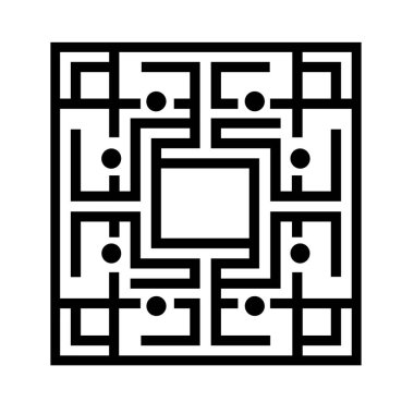 Basit siyah çizgileri ve daireleri olan soyut kare geometrik desen tasarımı