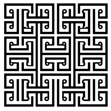 Beyaz arkaplanda birbirine kenetlenen siyah şekillerin soyut geometrik deseni