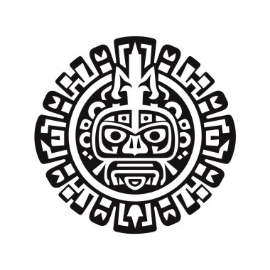 Antik Aztek güneş tanrısı, stilize edilmiş siyah-beyaz dekoratif sembol