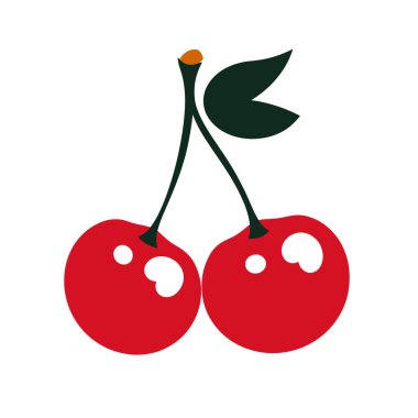 Beyaz arka planda yaprak ve sapla asılı iki kırmızı kiraz