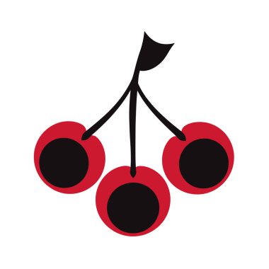 Beyaz arka planda koyu merkezli bir sapta üç kırmızı kiraz.