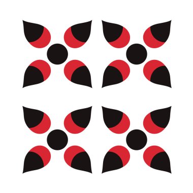 Siyah daireler ve kırmızı ve siyah şekiller içeren tekrarlanan grafik tasarımı