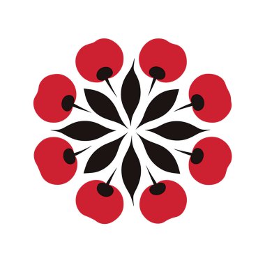 Kırmızı meyveler ve siyah yapraklarla soyut geometrik çiçek deseni