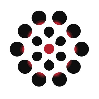 Ortasında kırmızı bir daire olan siyah dairelerin soyut düzenlenmesi