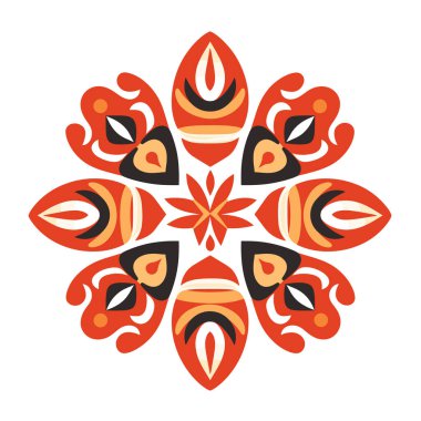 Ortasında çiçek olan renkli mandala, turuncu, siyah ve bej şekilli.