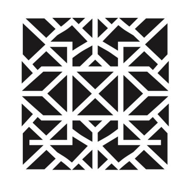 Soyut bir şablon kare çerçeveyi doldurur. Kesişen ve siyah üçgenler ve diğer geometrik şekiller yaratan beyaz çizgilerden oluşur..