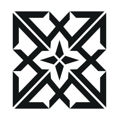 Soyut desen kesişen çizgilerle bir kare tasarımı gösteriyor. Merkezde yıldızımsı bir şekil yaratıyor, hepsi beyaz arkaplan üzerinde siyah..