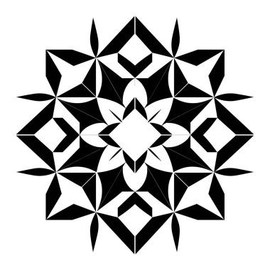 Simetrik desen siyah geometrik şekilleri beyaz bir arkaplan üzerinde gösterir, tekrarlayan, mozaik bir tasarım yaratır.