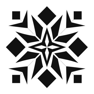 Simetrik geometrik tasarım: beyaz üzerinde kareler, elmaslar ve üçgenlerle çevrili siyah dört köşeli yıldız.