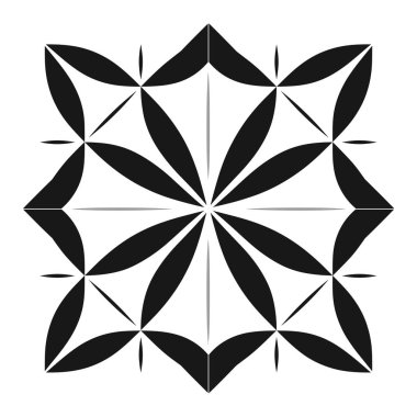 Siyah beyaz bir geometrik çiçek deseni simetrik kare bir şekil yaratır. Tekrarlayan tasarım yapraklar ve sivri yapraklar içerir.