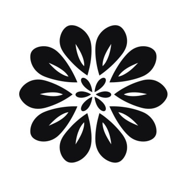 Geometrik desenler çiçek desenini gösteriyor. Yapraklar, beyaz bir arkaplana karşı siyahla tezat oluşturan küçük bir merkez element etrafında dışa doğru bükülür.