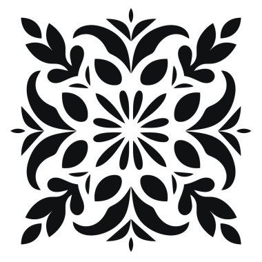 Bu tasarım siyah yapraklar, taç yaprakları ve çiçeklerden oluşan simetrik kare bir desen içerir..