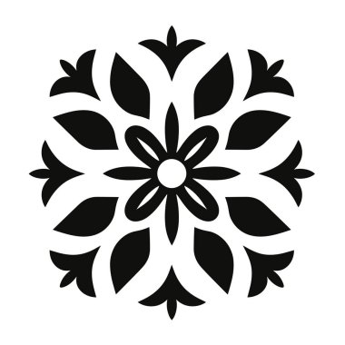 Bir madalyonu andıran simetrik bir çiçek tasarımı sunulmaktadır. Tasarım beyaz arka planda siyahtır ve çiçek ve yaprak elementlerini gösterir..