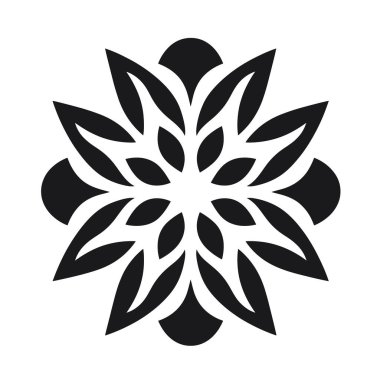 Simetrik desenler, yuvarlak taç yaprakları ve yaprak şekilleriyle biçimlendirilmiş bir çiçeğin beyaz bir arkaplanda siyah renkte sunulduğunu gösteriyor..