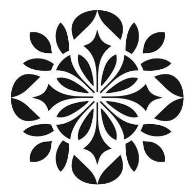 Simetrik bir tasarım ortaya çıkıyor. Çiçek yaprakları gibi elementlerle dairesel bir şekli var. Tasarım siyah ve beyaz arka planda..