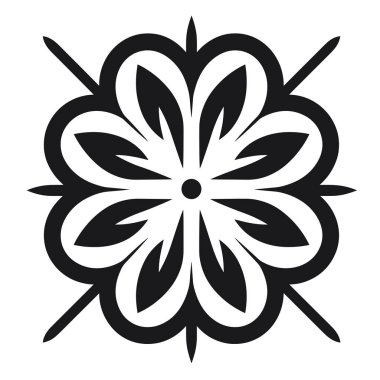 Bu ayrıntılı bir çiçek grafiği. Tasarım, beyaz arkaplanda simetrik taç yaprakları ve geometrik elementlerle siyah bir çiçek içerir..