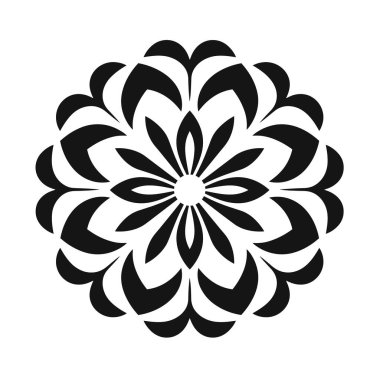 Simetrik bir tasarım, beyaz bir arkaplanda çiçek veya mandala benzeyen siyah yapraklara sahip dairesel bir desen içerir..