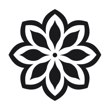 Simetrik bir dizayn sekiz yapraklı bir çiçeği tekrar eden siyah ve beyaz bir desende gösterir. Basit, stilize edilmiş, geometrik bir çiçek çizimi..