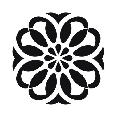 Simetrik tasarım üst üste binen, dairesel şekillerde sıralanmış taç yaprakları sergiliyor. Grafiğin merkezinde küçük tohum ayrıntıları mevcut.