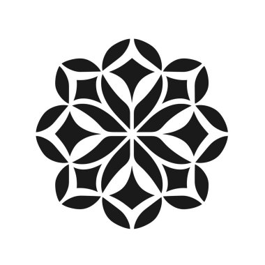 Simetrik geometrik desen, taç yaprakları gibi şekilleri ve elmas şekilleri olan bir çiçeği andırıyor. Hepsi de simsiyah beyaz bir yüzey üzerinde..