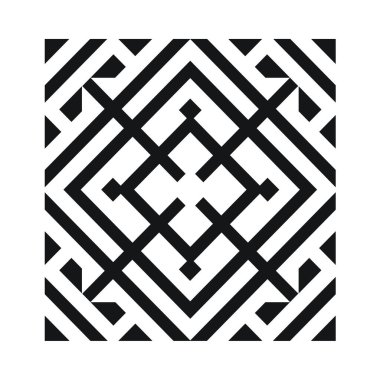 Siyah çizgiler soyut geometrik desen oluşturur. Kareler ve elmaslar oluşturulur, beyaz arkaplanda labirent gibi bir tasarım oluşturulur..