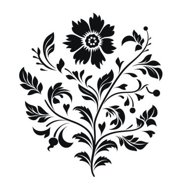 Siyah çiçek tasarımı çeşitli yapraklar, saplar ve dairesel böğürtlenlerle tek bir çiçek açar. Tasarım beyaz arkaplanda..
