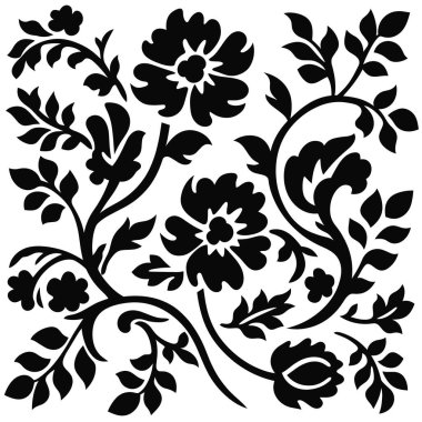 Simetrik bir çiçek dizaynı çiçek açan yapraklar ve dönen sarmaşıklar içerir. Beyaz arkaplana karşı siyah bir siluet..