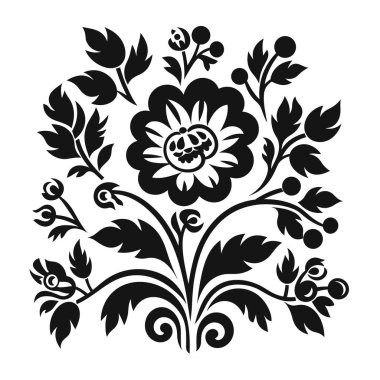 Çiçekler, yapraklar ve küçük böğürtlen benzeri siyah beyaz yapılar. Simetri ve dekoratif gelişim gösteriyor..