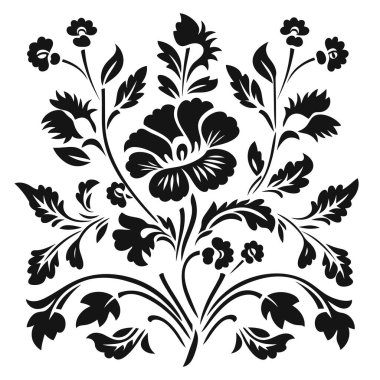 Sanatsal bir tasarım çiçek aranjmanı içerir. Çiçekler ve yapraklar koyu siyah ve beyaz bir süs deseninde gösteriliyor..