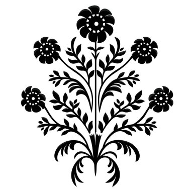 Siyah bir vektör çizimi, soyut çiçek ve yaprakların simetrik bir tasarımını gösterir. Tasarım düz beyaz bir arkaplanda..