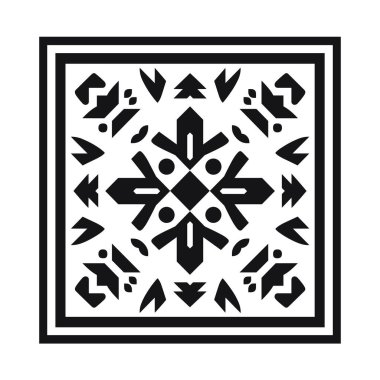 Karmaşık bir siyah-beyaz simetrik desen sunuluyor. Bir kare içinde, içinde dekoratif bir tasarım bulunan çift astarlı bir çerçeve içeriyor..