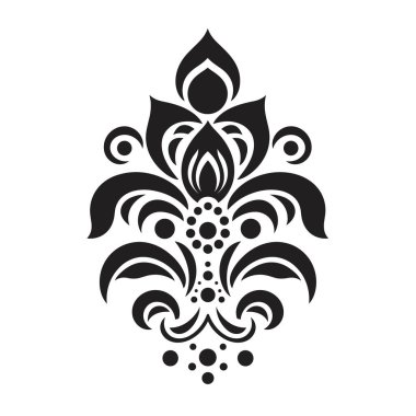 Beyaz arka planda simetrik, soyut ve siyah bir çiçek tasarımı. Girdap şekilleri, noktalar ve merkezi taç yaprağı benzeri bir element içerir..