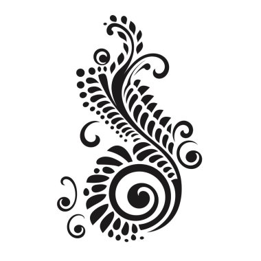 Süslü bir kına tasarımı beyaz arka plana karşı siyah renkte sunulur. Tasarım karmaşık girdaplar, noktalar ve yaprak benzeri şekiller içerir..