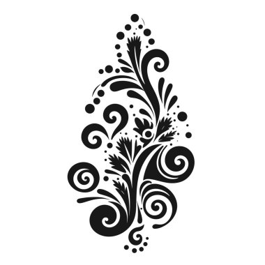 Siyah bukleli, kıvrımlı, yapraklı ve noktalı bir çiçek tasarım elementi beyaz bir arkaplana göre ayarlanır. Gözyaşı damlasına benziyor..