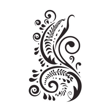 Ayrıntılı çizimler siyah çiçekleri gösteriyor. Girdaplar, yaprak şekilleri ve noktalar temiz beyaz bir arkaplanda zarif, organik bir dizayn oluşturur..