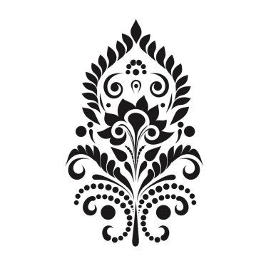 Siyah mürekkepli simetrik bir botanik tasarımı beyaz arka planda ayrıntılı çiçekler, yapraklar ve dönen şekiller içerir..