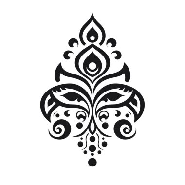 Şekil verilmiş çiçek desenli simetrik bir tasarım, beyaz bir arkaplan karşısında siyah renkte sunulmaktadır. Süslü girdaplar ve eğriler görüntülenir.