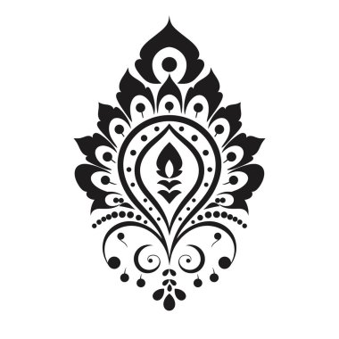 Detaylı siyah beyaz süs tasarımı. Dizaynın göz yaşı şeklinde daireler, girdaplar ve yaprak benzeri şekiller var..