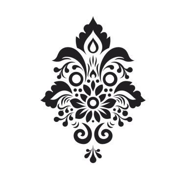 Detaylı bir süs, simetrik bir çiçek tasarımı gösteriyor. Dizaynın beyaz arka planında girdaplar, noktalar, çiçekler ve gözyaşı damlası şekilleri var..