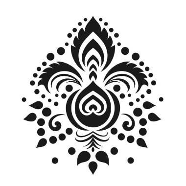 Şekillendirilmiş bir damaske tasarımı, beyaz bir arkaplan üzerinde tekrarlanan girdaplar, yapraklar ve gözyaşı damlası şekilleriyle merkezlenir..