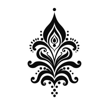 Biçimlendirilmiş, simetrik tasarım unsuru sunuluyor. Beyaz arkaplanda siyah renkte çizilmiş kıvrımlı çizgiler ve noktalı aksanlar var..