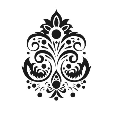 Soyut siyah desenler kıvrımlar, noktalar ve yaprak benzeri şekiller içerir. Tasarım simetriktir ve beyaz bir zemin üzerine yerleştirilmiştir..