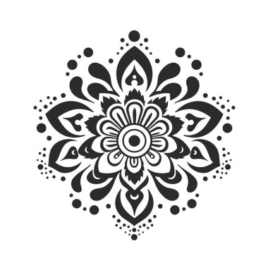 Siyah çiçekli tasarım gösteriliyor. Merkezi çiçeğin yapraklarla ve daha küçük noktalarla çevrili birkaç yaprak katmanı vardır. Simetrik bir desen oluştururlar..